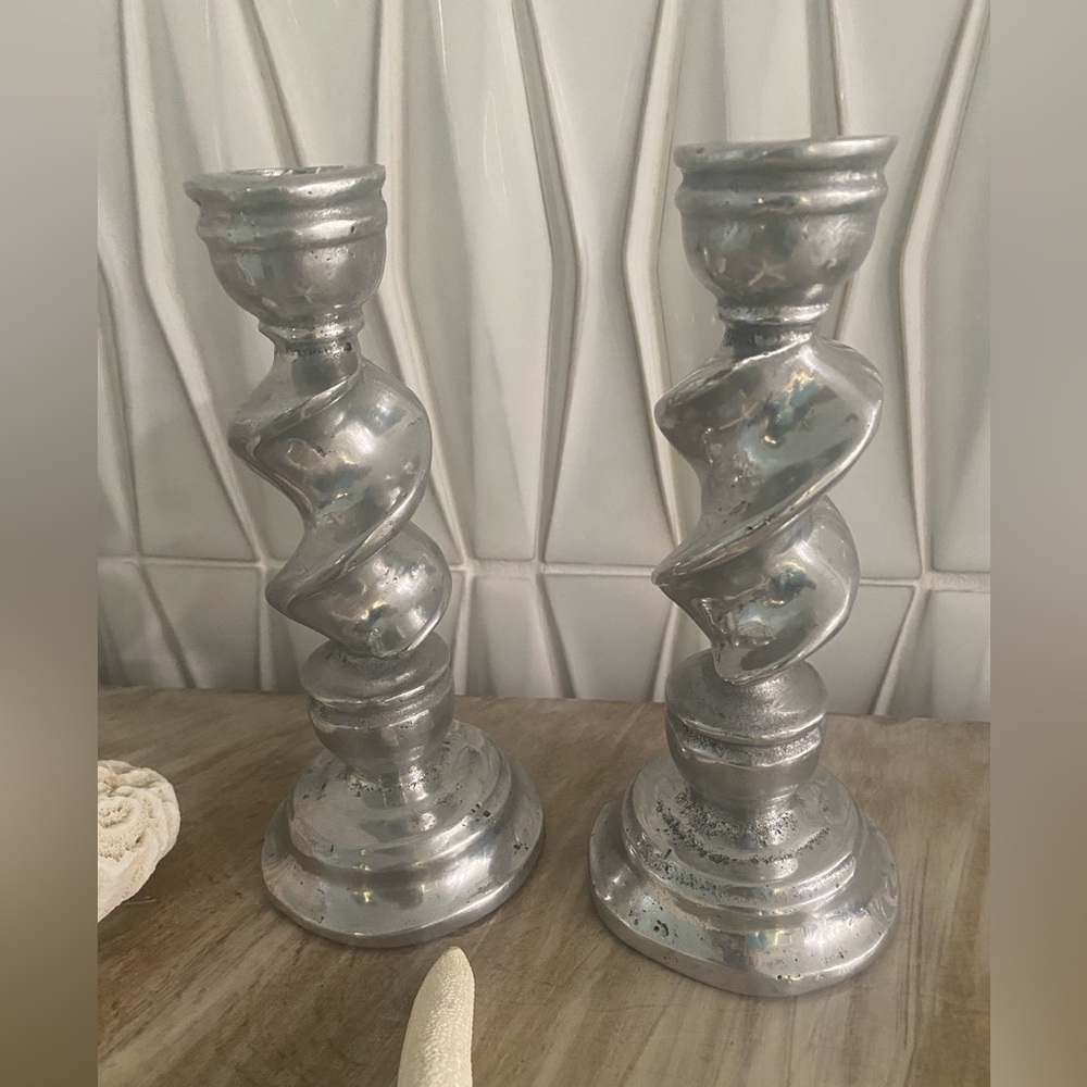 Set Of Spiral Pewter Candlesticks